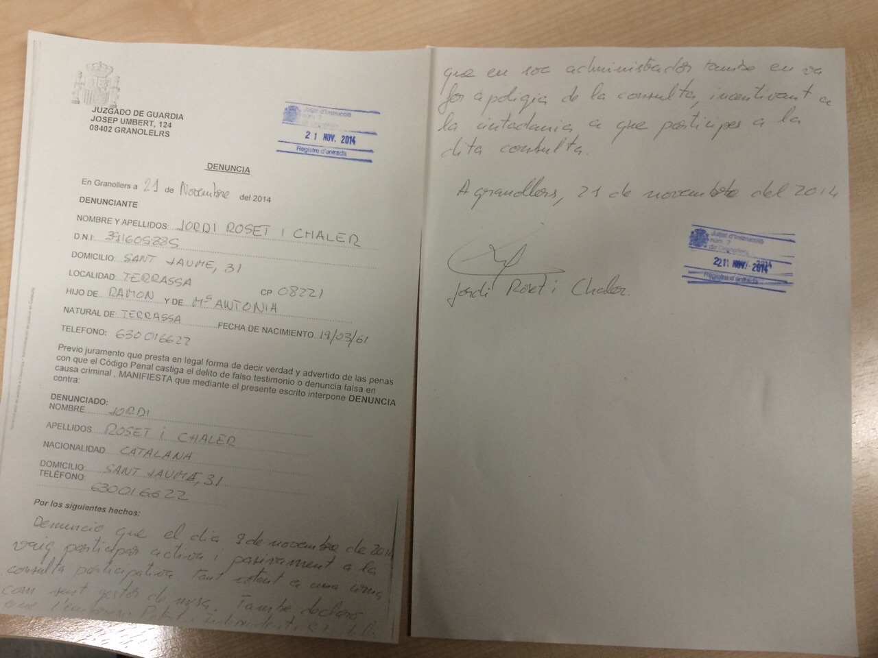 Ens autoinculpem davant del jutjat de guàrdia de Granollers per haver fomentat el 9N